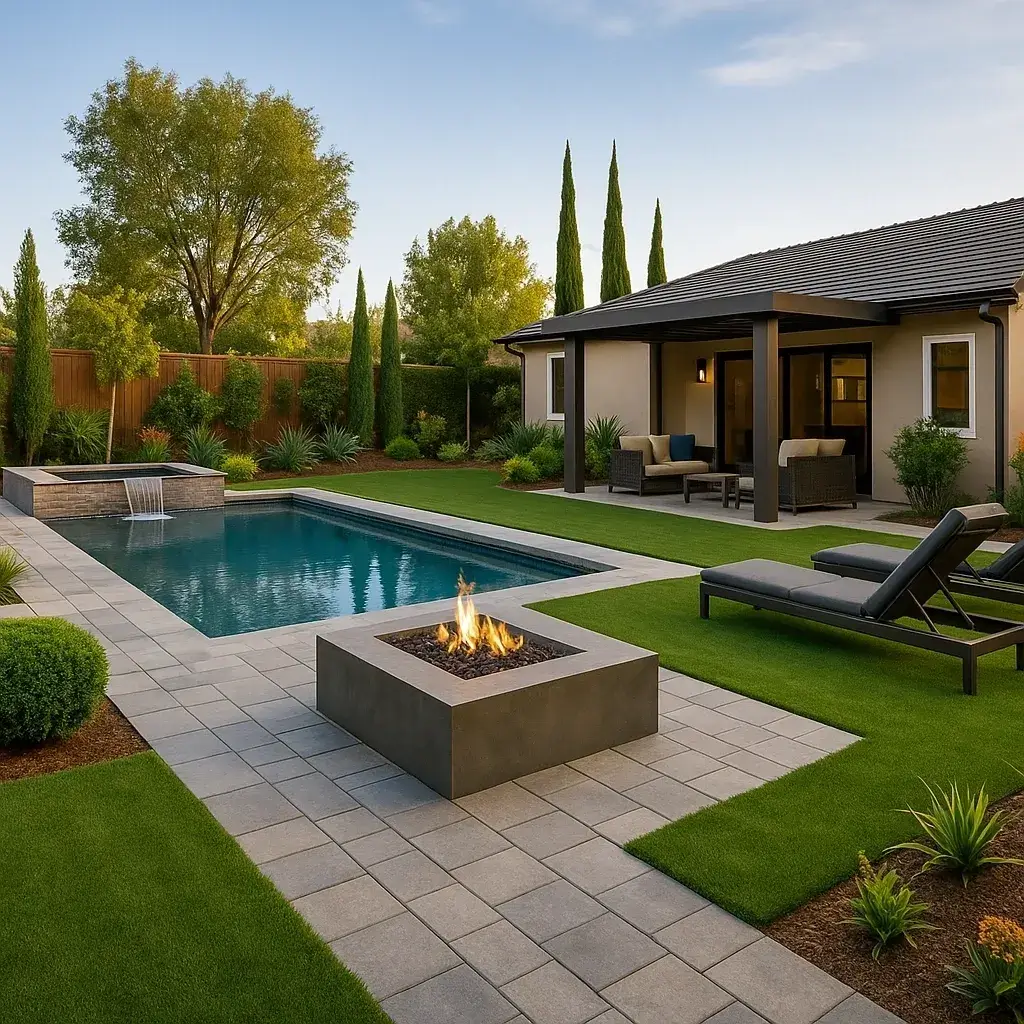 Modern backyard with pool and fire pit.