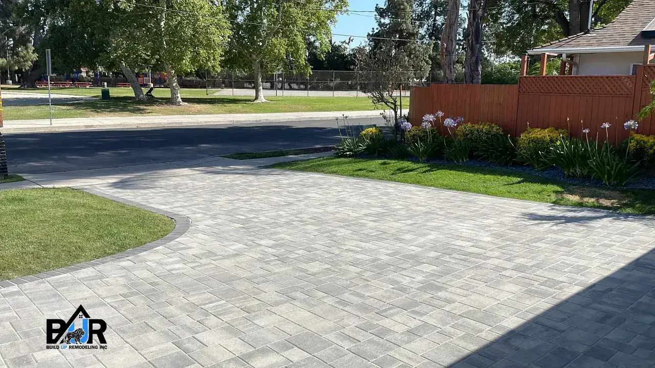 Paved driveway with surrounding greenery and trees.