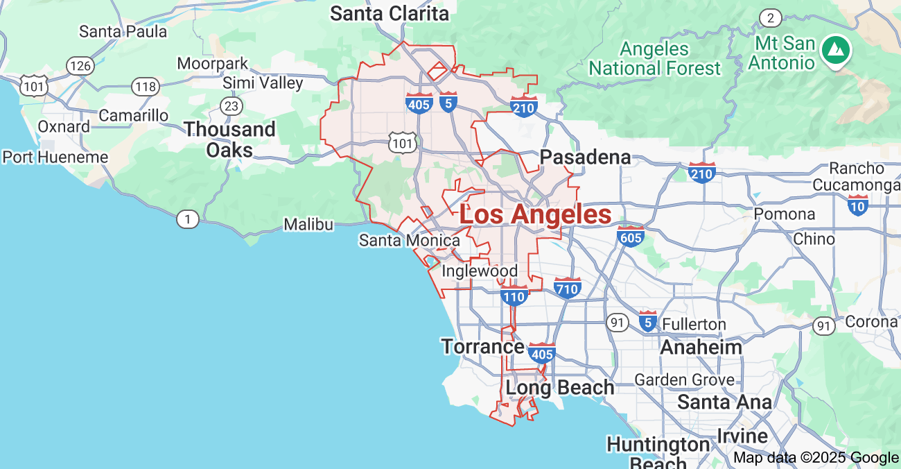 Map showing Los Angeles and surrounding areas in Southern California.