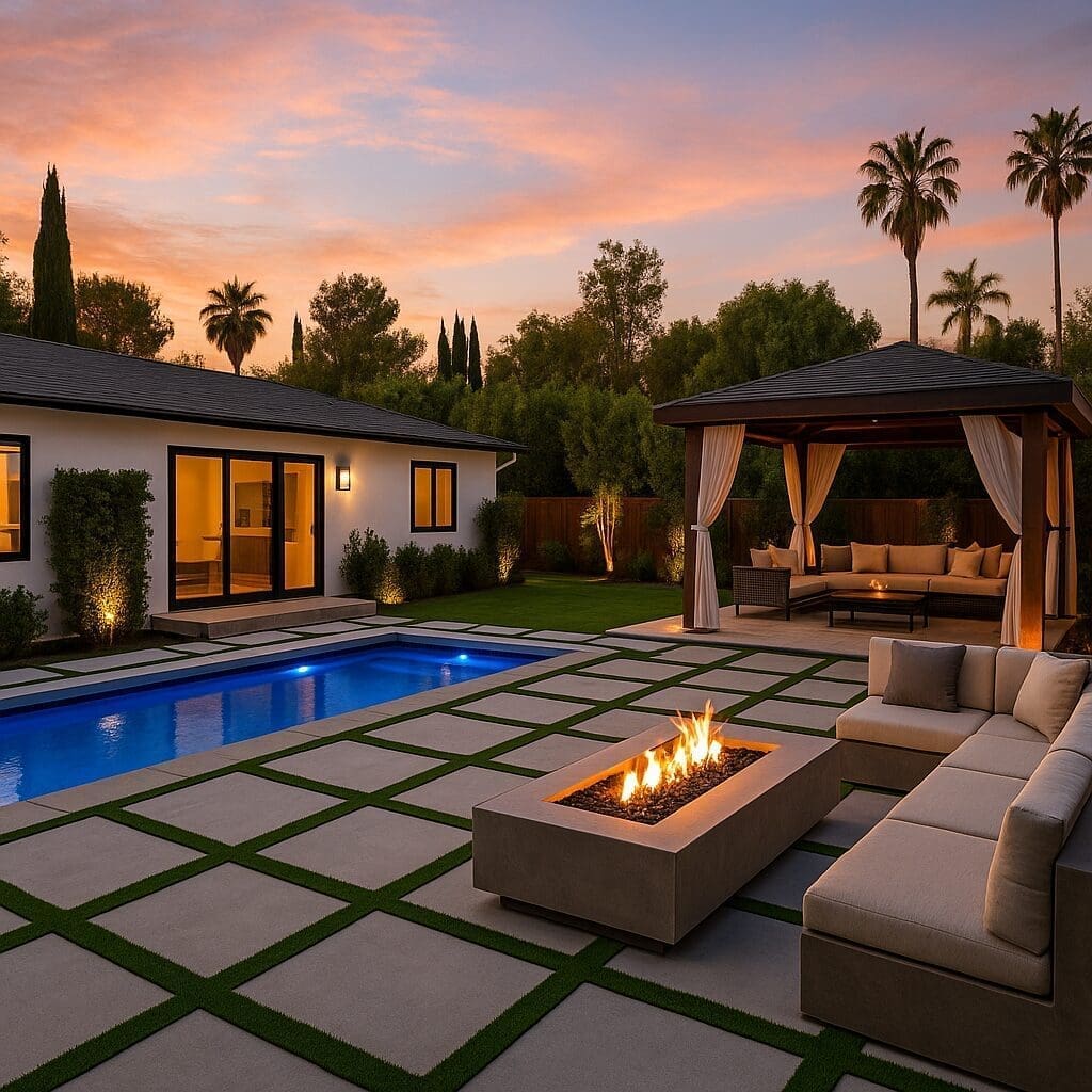 Outdoor 3d design of Modern backyard with pool and fire pit.