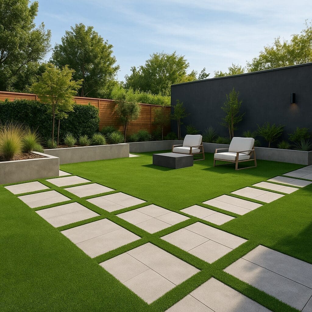 So-Cal backyard with clean turf, geometric pavers, and low-maintenance modern design