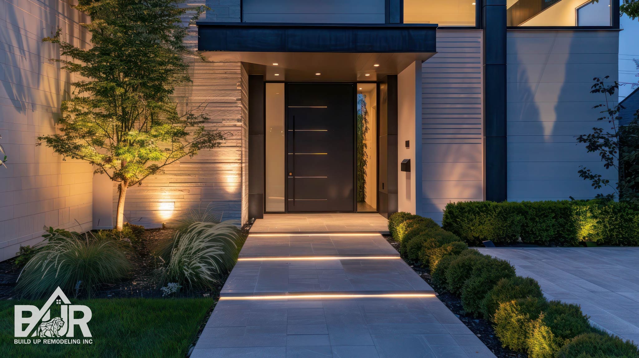 LOS ANGELES Suburban home with a modern, illuminated pathway leading to a bold, artistic front door that makes a statement