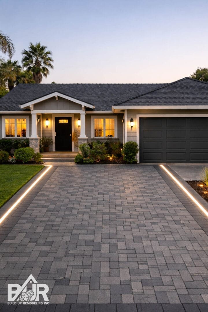 Modern house with illuminated driveway at dusk.