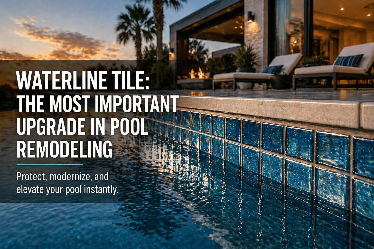 Luxury backyard pool with blue waterline tile