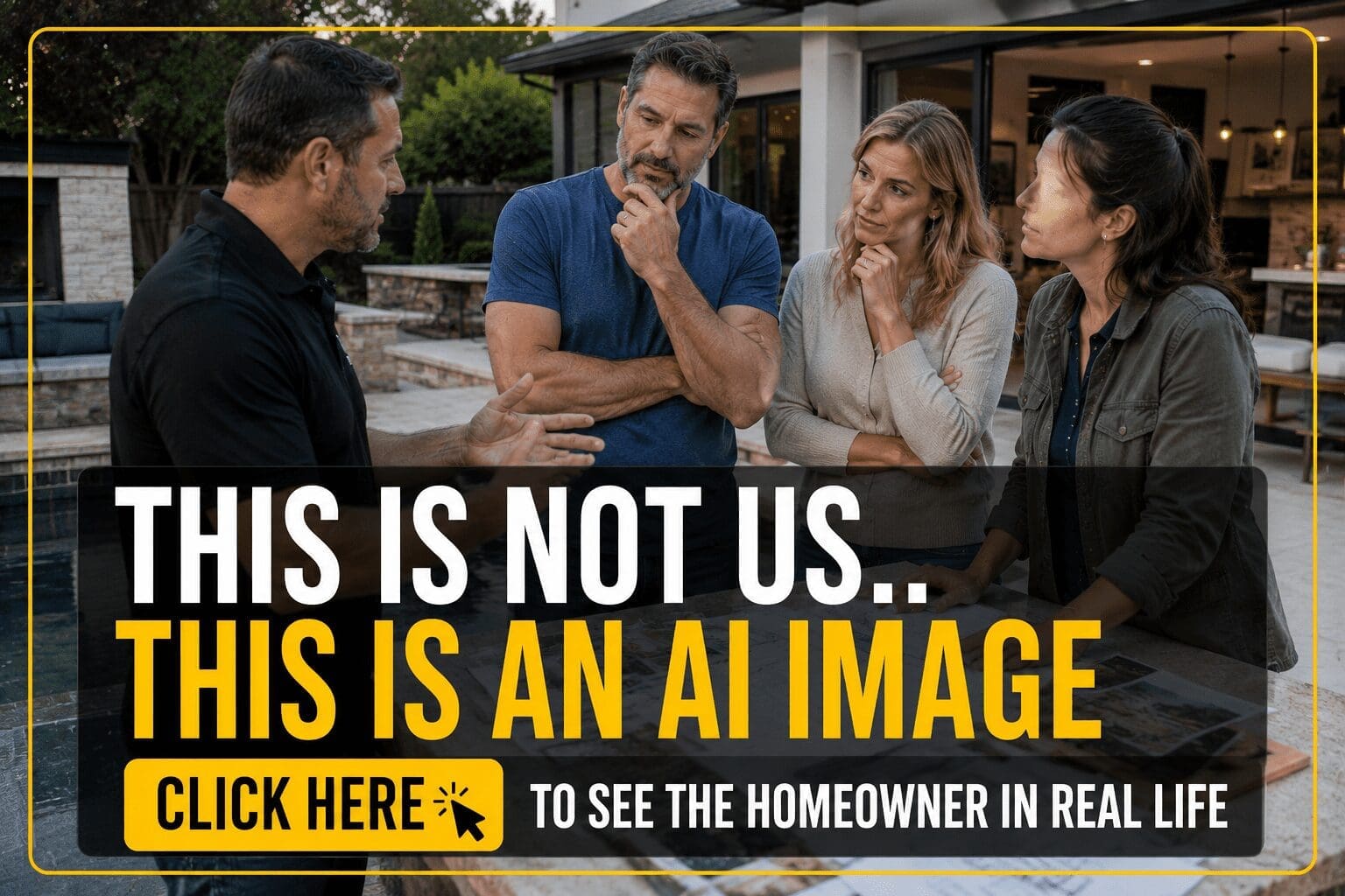 Four people conversing around patio table