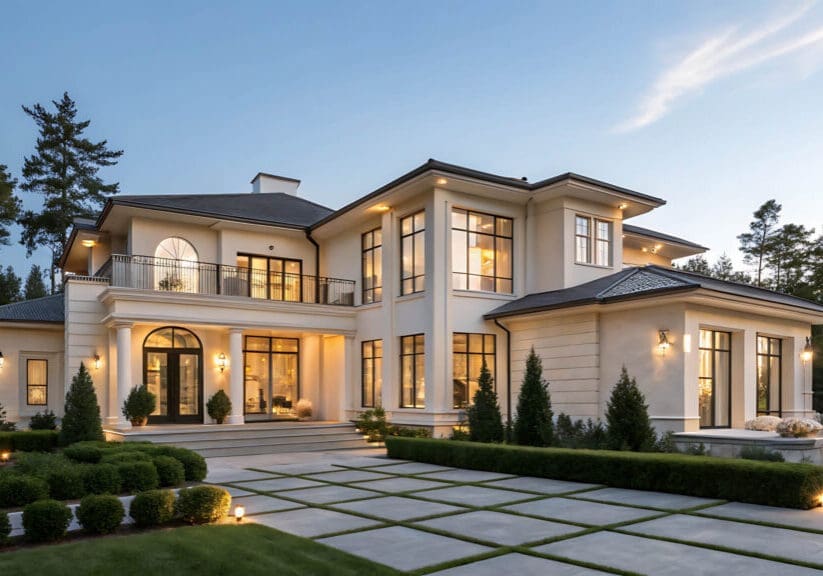 Elegant modern mansion with landscaped garden.