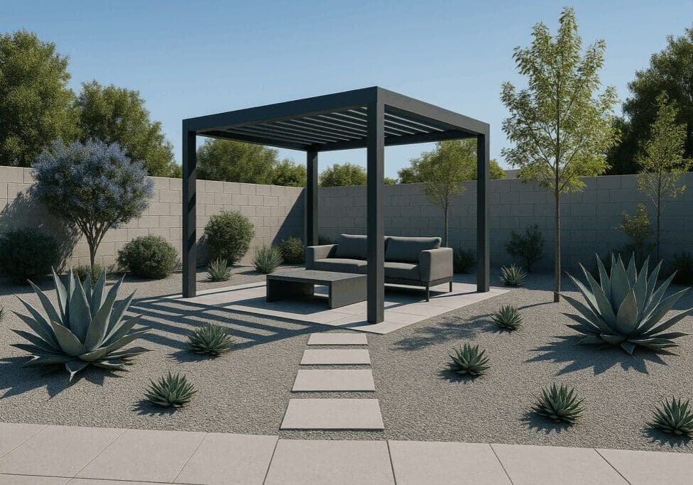 Modern Los Angeles backyard with a dark gray pergola, drought-tolerant landscaping, agave plants, and minimalist seating on a sunny day.