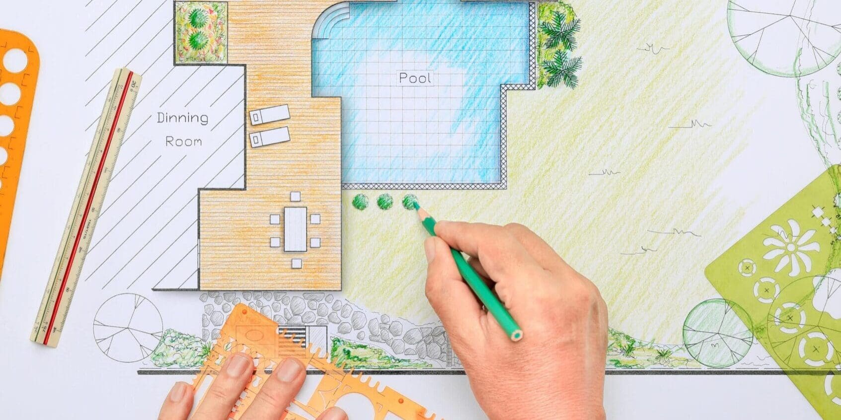 Landscape design sketch with pool and patio.