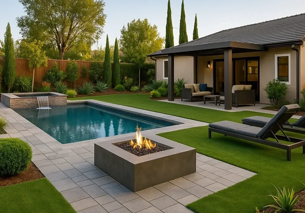 Modern backyard with pool and fire pit.