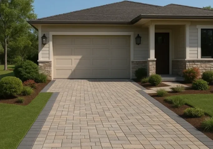 Paved driveway leading to a suburban house.