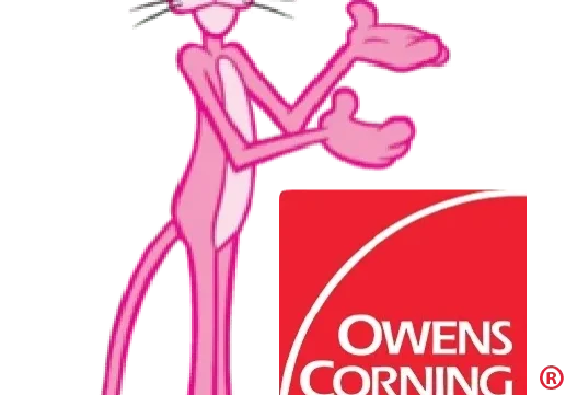 Pink cartoon cat with Owens Corning logo.