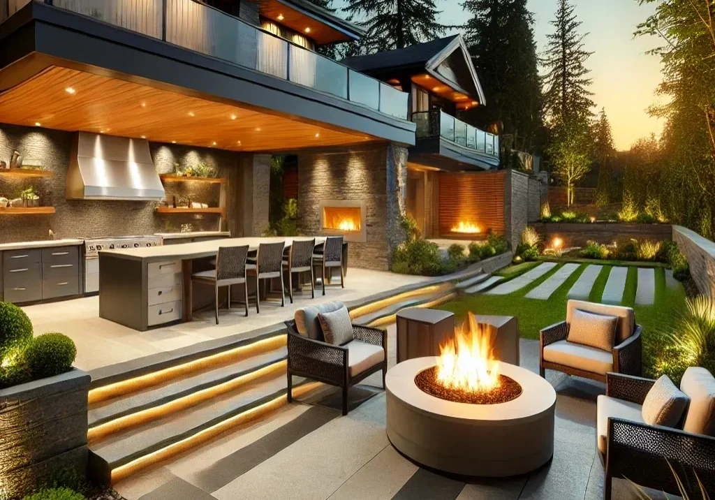 Modern patio with fire pit and seating.